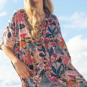 Natural Life Floral Cotton Flowy Button Down Blouse